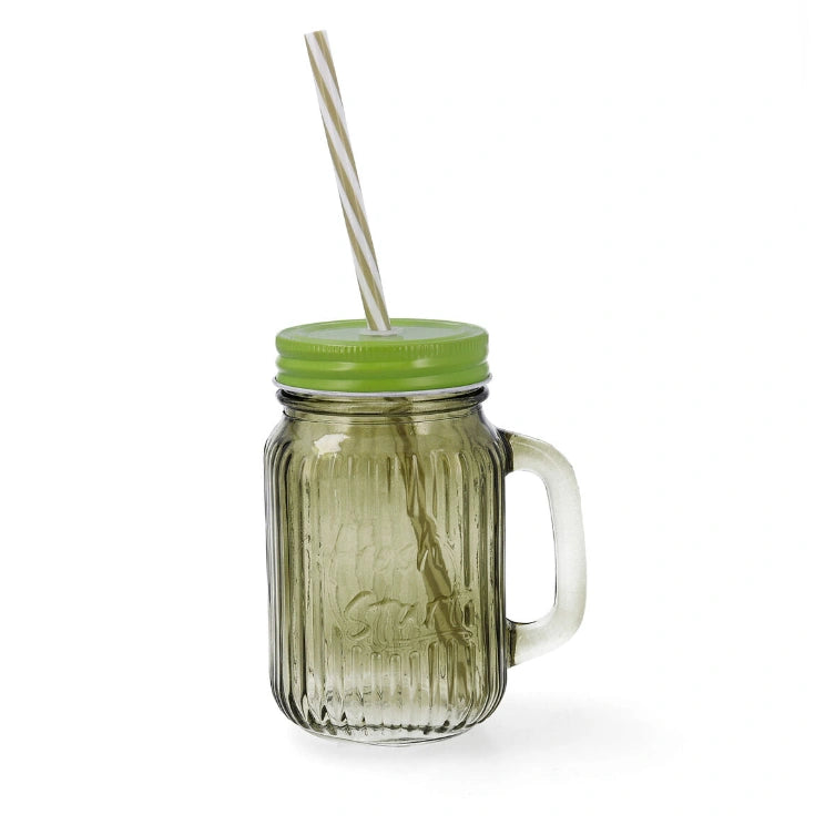 Aaponminimarket Jar with Lid and Straw Quid Maison Green Glass 450 ml (12 Units)