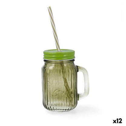Jar with Lid and Straw Quid Maison Green Glass 450 ml (12 Units)-0